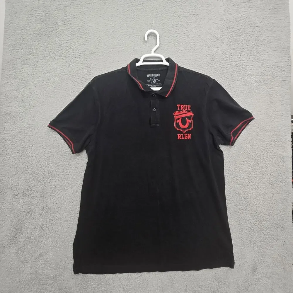 True Religion Men’s Black/Red Logo Polo Shirt M Regular Short Sleeve Button